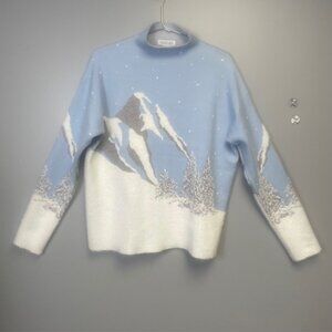 Rachel Zoe Winter Mountain Range Scene Blue/White Women's Pullover Sweater XL